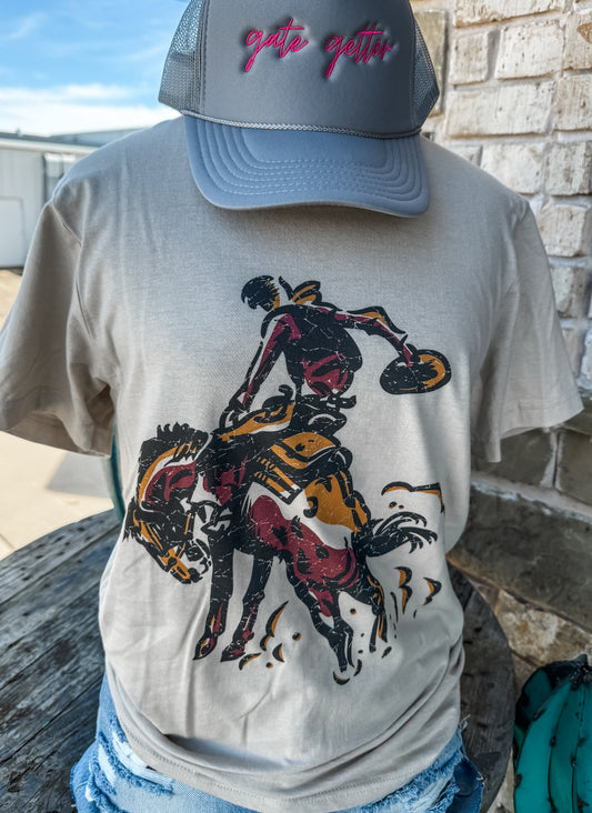Red Bronco Bucker on Tee