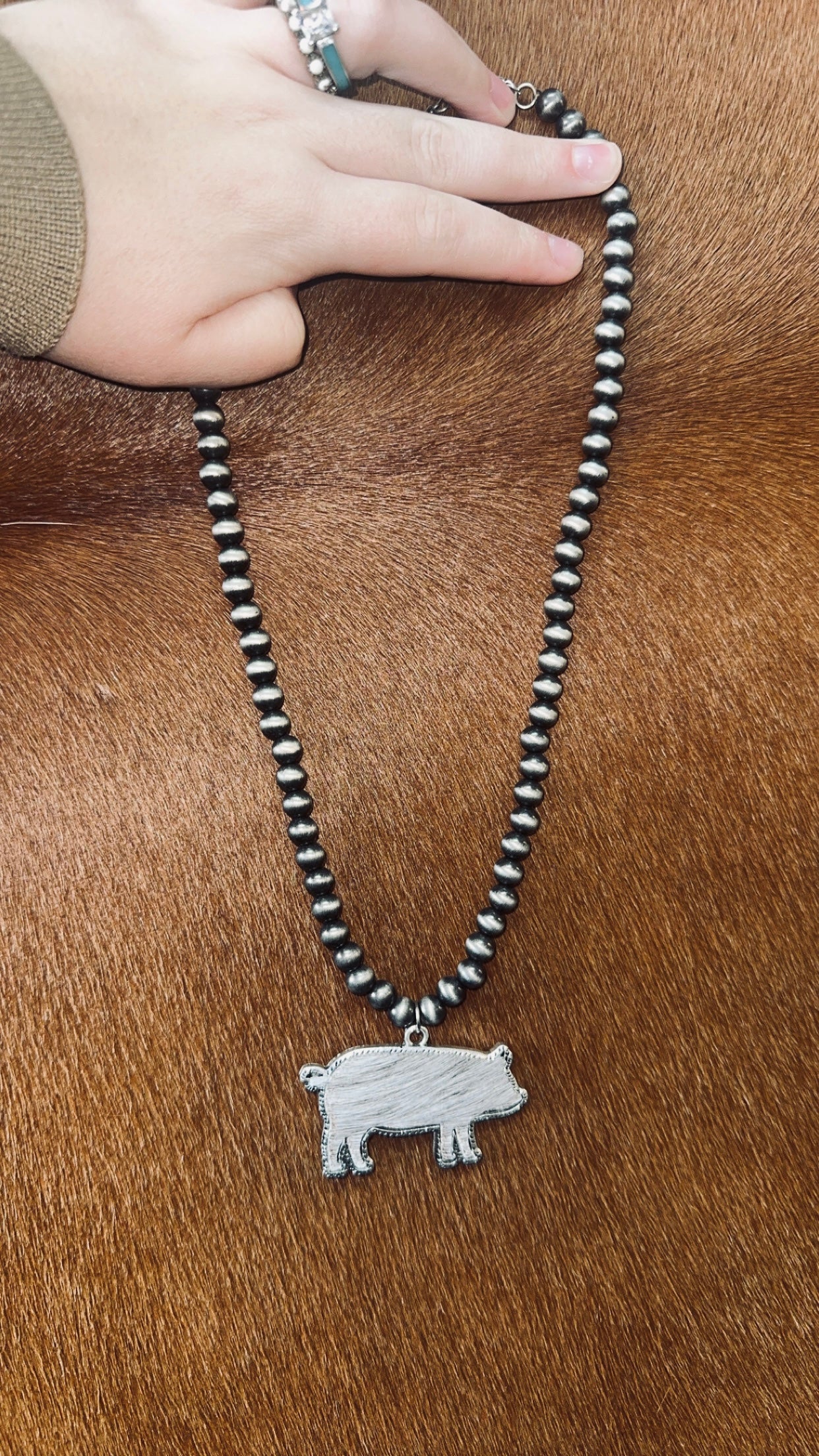 The Faux Pearl & Cowhide Pig Necklace
