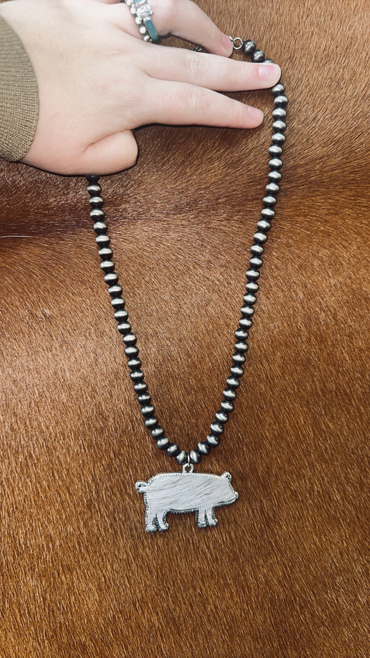 The Faux Pearl & Cowhide Pig Necklace