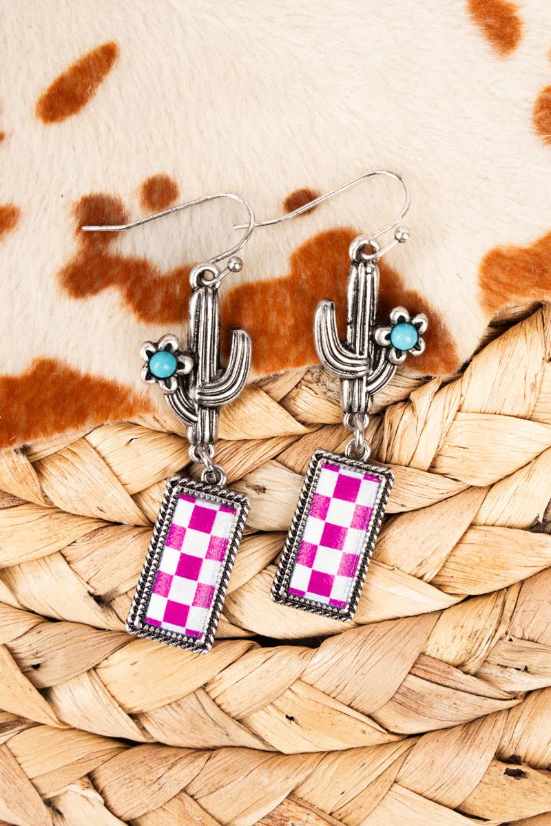 The Pink Checkered Cactus Earrings